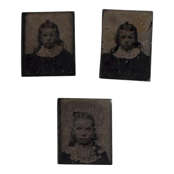 Antique Tintype Photos Of Young School Girls Lot Of 3 In Dresses Rustic Mini - Picture 1 of 7